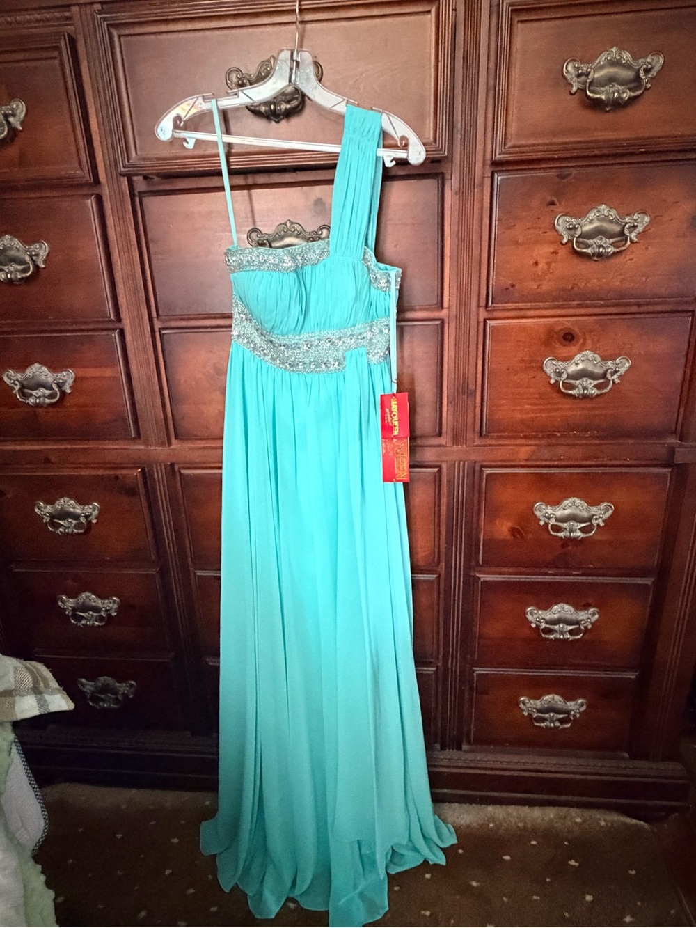 May Queen One-Shoulder Turquoise Evening Gown with Beaded Waist